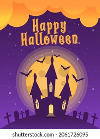 Happy Halloween banner or party invitation background with house and horror night atmosphere. Vector illustration. Full moon in the sky, haunted house and flying bats. Place for text.