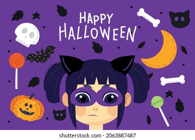 Happy Halloween banner or party invitation background with night kid and halloween elements with cartoon style. Vector illustration. Pattern, lettering. Place for text
