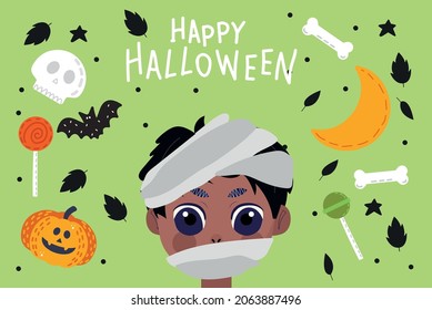 Happy Halloween banner or party invitation background with night kid and halloween elements with cartoon style. Vector illustration. Pattern, lettering. Place for text