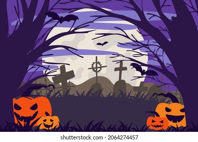  Happy Halloween banner or party invitation background with clouds and tombstones, bats and pumpkins vector illustration. Cemetery, trees, full moon in the sky. Vector illustration