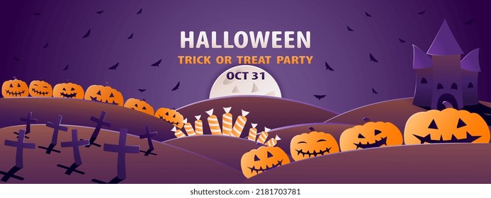 Happy Halloween banner or party invitation background with night landscape and castle. Vector illustration. Full moon in the sky, pumpkins, spiders web and flying bats. Place for text