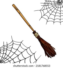 Happy Halloween banner or party invitation background, broom, cobweb, boo. Vector illustration. Place for text, blank for designers, lettering
