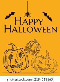 Happy Halloween banner or party invitation background with night clouds and pumpkins in paper cut style. Vector illustration. Full moon in the sky, spiders web and flying bats. Place for text
