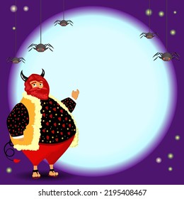 Happy Halloween banner or party invitation background with devil, bats, pumpkins and spiders. Vector illustration. Full moon in the night sky. Place for text