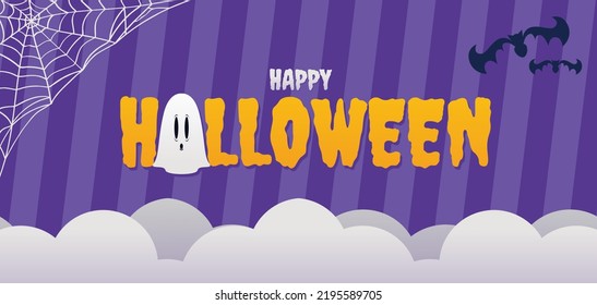 Happy Halloween banner or party invitation background. Vector illustration. ghosts, spider webs and flying bats.