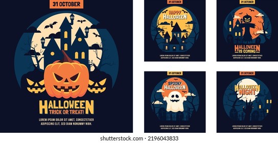 Happy Halloween banner or party invitation background with night clouds and pumpkins in paper cut style. Vector illustration. Full moon in the sky, spiders web and flying bats. Place for text