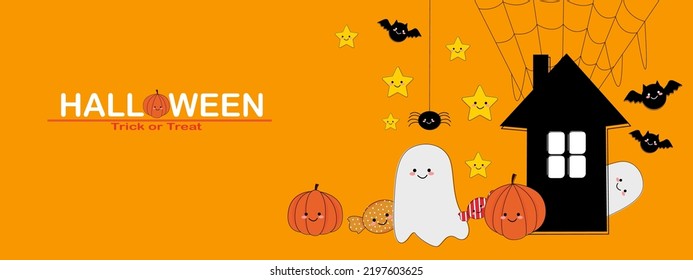 Happy Halloween banner or party invitation background. Cute ghost and pumpkin cartoon style. Moon spiders web flying bats. Place of text for Halloween festival. Vector illustration design 