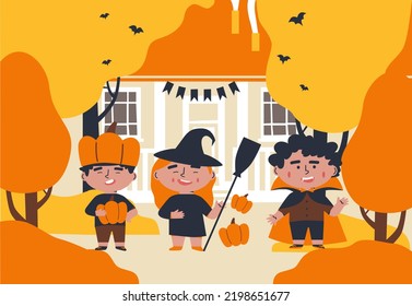 Happy Halloween banner or party invitation. Kids with moon, bats and pumpkins in paper flat style. Cartoon background illustration. 