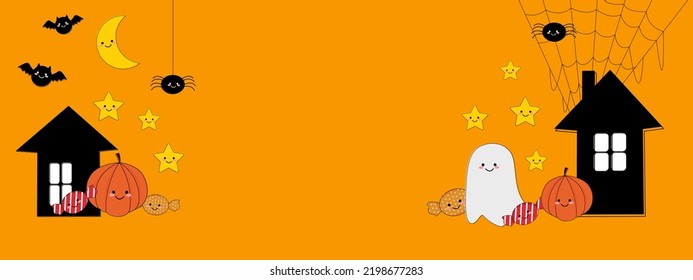 Happy Halloween banner or party invitation background. Cute ghost and pumpkin cartoon style. Moon spiders web flying bats. Place of text for Halloween festival. Vector illustration design 