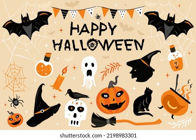 Happy Halloween banner or party invitation background with Halloween elements vector illustration. Happy Halloween lettering, typography print for flyer, poster and greeting card.