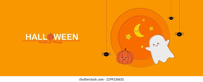 Happy Halloween banner or party invitation background. Cute ghost and pumpkin cartoon style. Moon spiders web. Place of text for Halloween festival. Vector illustration design 