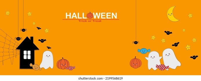 Happy Halloween banner or party invitation background. Cute ghost and pumpkin cartoon style. Moon spiders web flying bats. Place of text for Halloween festival. Vector illustration design 