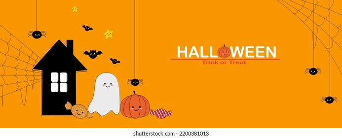 Happy Halloween banner or party invitation background. Cute ghost and pumpkin cartoon style. Moon spiders web flying bats. Place of text for Halloween festival. Vector illustration design 