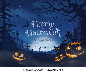 Happy halloween banner or party invitation background with violet fog clouds and pumpkins