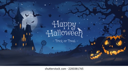 Feliz banner de Halloween o antecedentes de invitación de fiesta con nubes violetas de niebla y calabazas