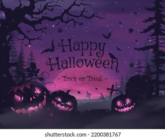 Feliz banner de Halloween o antecedentes de invitación de fiesta con nubes violetas de niebla y calabazas