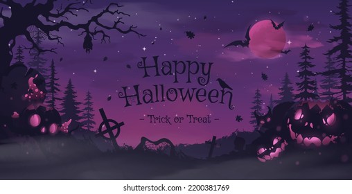 Happy halloween banner or party invitation background with violet fog clouds and pumpkins