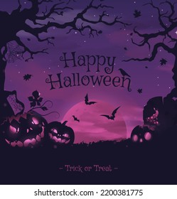 Happy halloween banner or party invitation background with violet fog clouds and pumpkins