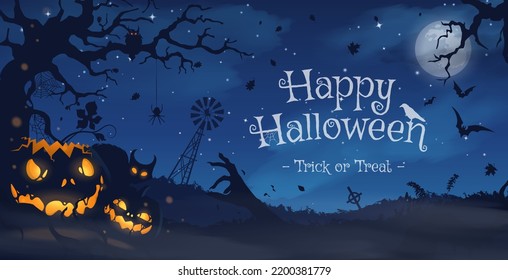 Happy Halloween Banner Or Party Invitation Background With Violet Fog Clouds And Pumpkins