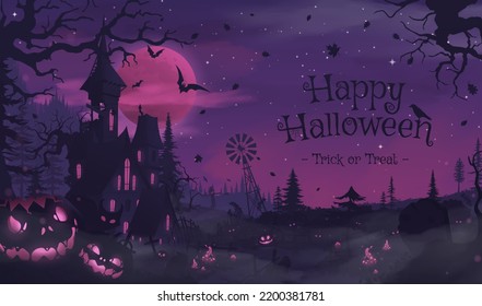 Happy halloween banner or party invitation background with violet fog clouds and pumpkins