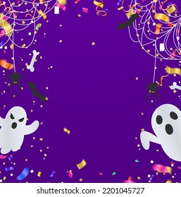 Happy Halloween banner or party invitation background with night  Vector illustration. spiders web and flying bats. Place for text