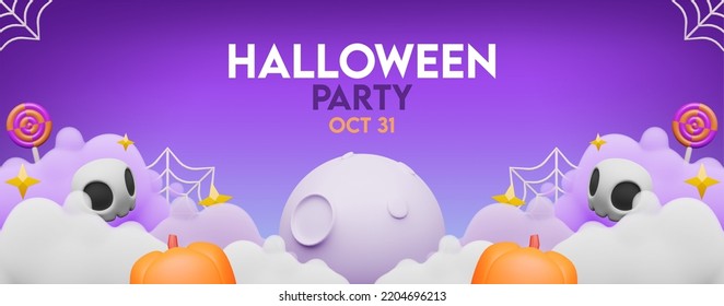 Happy Halloween banner or party invitation background with night clouds and pumpkins in 3d style. Vector illustration. Full moon in a purple background, spider web, skulls, and pumpkins. editable text