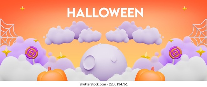 Feliz banner de Halloween o fondo de invitación de fiesta con nubes violetas y calabazas en estilo 3d. Ilustración vectorial. Luna llena en un fondo naranja, telaraña y calabazas. texto editable