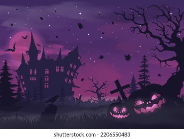 Happy halloween banner or party invitation background with violet fog clouds and pumpkins	
