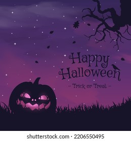 Happy halloween banner or party invitation background with violet fog clouds and pumpkins	
