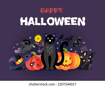 Happy Halloween banner or party invitation background with bats, pumpkins, black cat, mysterious castle, raven, witch hat and more.