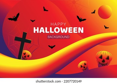 Happy Halloween banner or party invitation colorful modern background with Full moon in orange sky, spiders web and pumpkin skull. Vector illustration