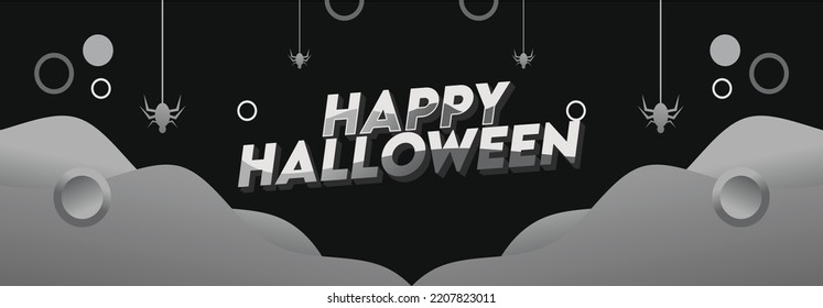 Happy Halloween banner or party invitation background with night clouds and pumpkins in modern gradient style. Vector illustration. Full moon in the sky, spider webs and flying bats. Place for text