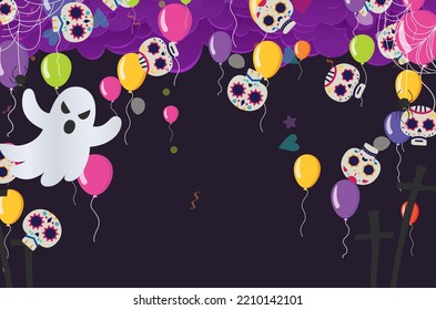Happy Halloween banner or party invitation background with night  Vector illustration. spiders web and flying bats. Place for text