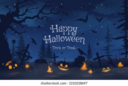 Happy halloween banner or party invitation background with violet fog clouds and pumpkins	