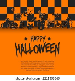 Happy Halloween banner or party invitation background with pumpkins, cats, bats, spider, ghosts, castl, maple and grave cross. Place for text. Vector illustration