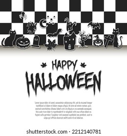 Happy Halloween banner or party invitation background with pumpkins, cats, bats, spider, ghosts, castl, maple and grave cross. Place for text. Vector illustration