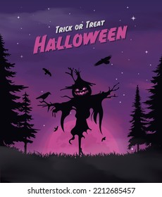 Feliz banner de Halloween o antecedentes de invitación de fiesta con nubes violetas de niebla y calabazas