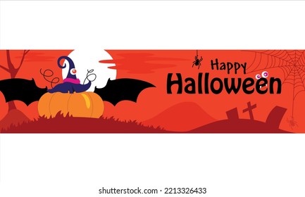 Happy Halloween. Banner or party invitation with Pumpkin, Grave, Cross, Moon, flying Bats and spider web 
in flat design. Vector cartoon illustration. 
