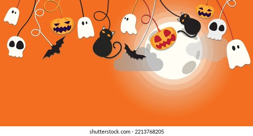 Happy Halloween banner or party invitation background with night clouds and pumpkins in flat style.Flag Halloween color. Hang object.Vector illustration. Full moon in the sky and flying bats.