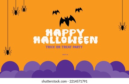 Happy Halloween banner or party invitation background with clouds, bats and pumpkins in paper cut style. Vector illustration. spider, pumpkin and web cloud. Place for text