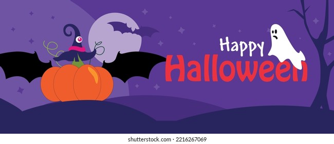 Happy Halloween. Banner or party invitation with Pumpkin, Grave, Cross, Moon, flying Bats and spider web 
in flat design. Vector cartoon illustration. 
