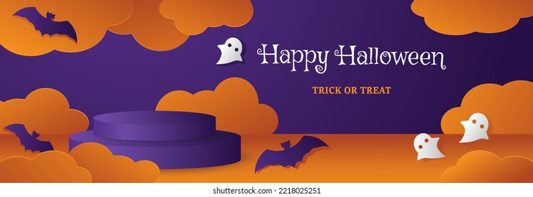 Happy Halloween banner or party invitation background with clouds, bats in paper cut style. Vector illustration. 3d realistic orange podium. Place for text