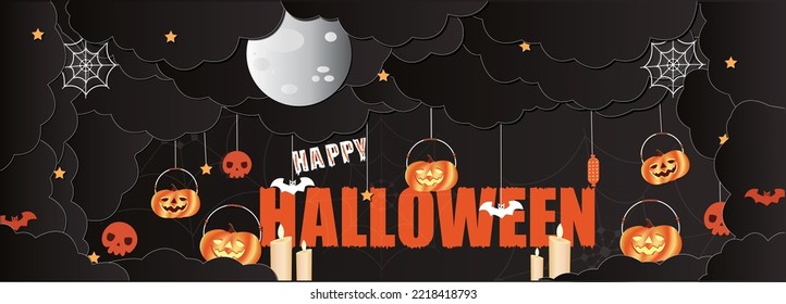 Happy Halloween banner or party invitation background with night clouds and pumpkins in paper cut style. Vector illustration. Full moon in the sky, spiders web and flying bats. Place for text