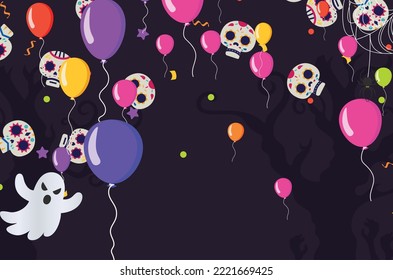 Happy Halloween banner or party invitation background with night  Vector illustration. spiders web and flying bats. Place for text
