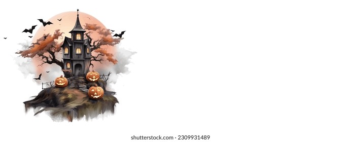 Happy Halloween banner or party invitation background with clouds, bats and pumpkins. Vector illustration. sky, spiders web.	