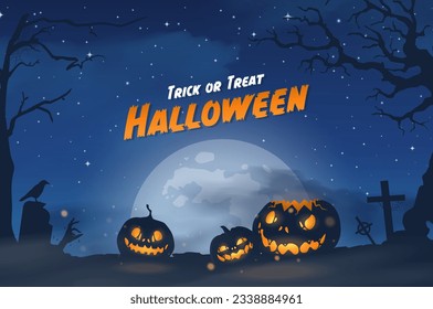 Feliz banner de Halloween o antecedentes de invitación de fiesta con nubes violetas de niebla y calabazas