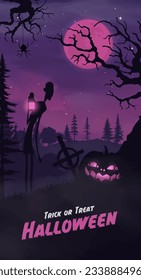 Happy halloween banner or party invitation background with violet fog clouds and pumpkins