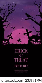 Happy halloween banner or party invitation background with violet fog clouds and pumpkins