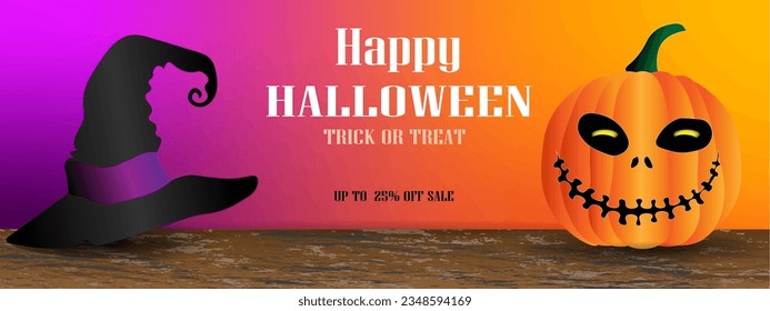 Happy Halloween banner or party invitation background with clouds, pumpkin and witch hat. Vector illustration. Place for text