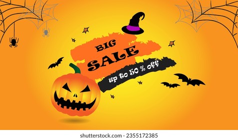 Happy Halloween banner or party invitation background with pumpkins , yellow orange gradient background
halloween, witch hat, spiders web and flying bats. Place for text